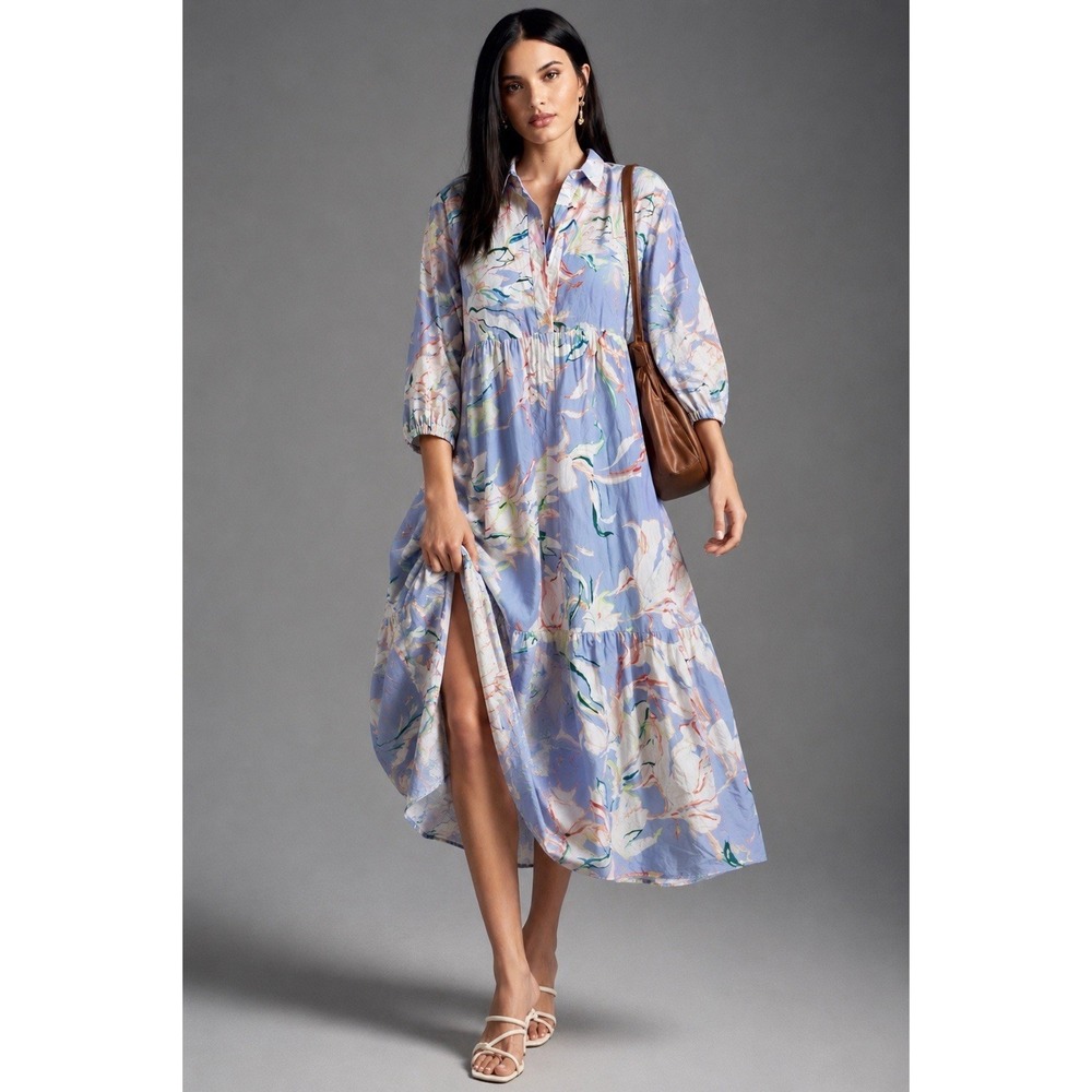 Maeve Anthropologie The Bettina Tiered Cotton Shirt Dress Sz L